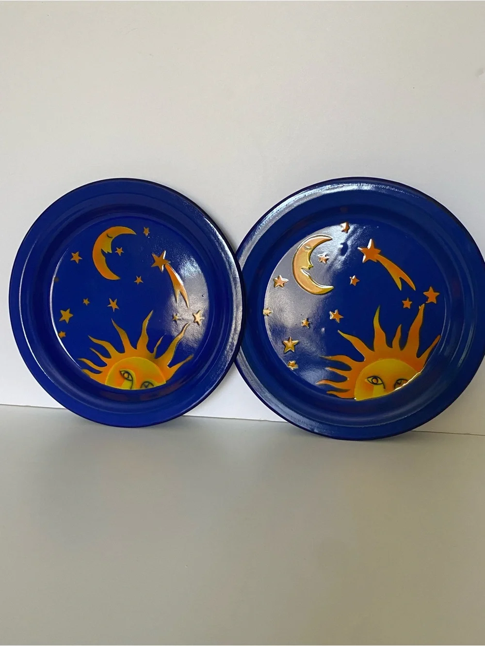 Vintage Kockums Sweden Enamelware 2 Plates Celestial Sun Noon Stars 8.75” Blue